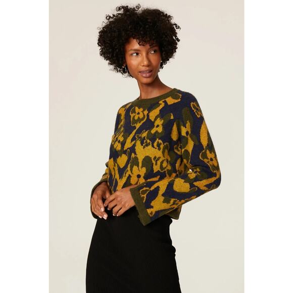 RAMY BROOK Sandi Jacquard Knit Floral Sweater Blue and Gold Size Large - Picture 4 of 10